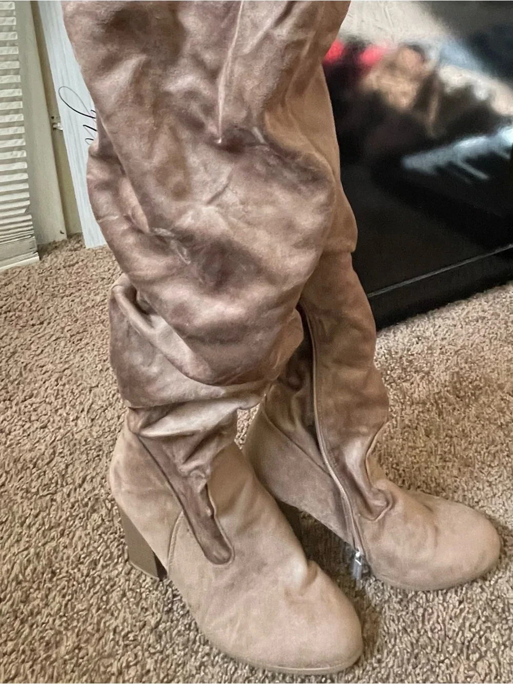 Over-the-Knee Suede High-Heel Boots in Taupe